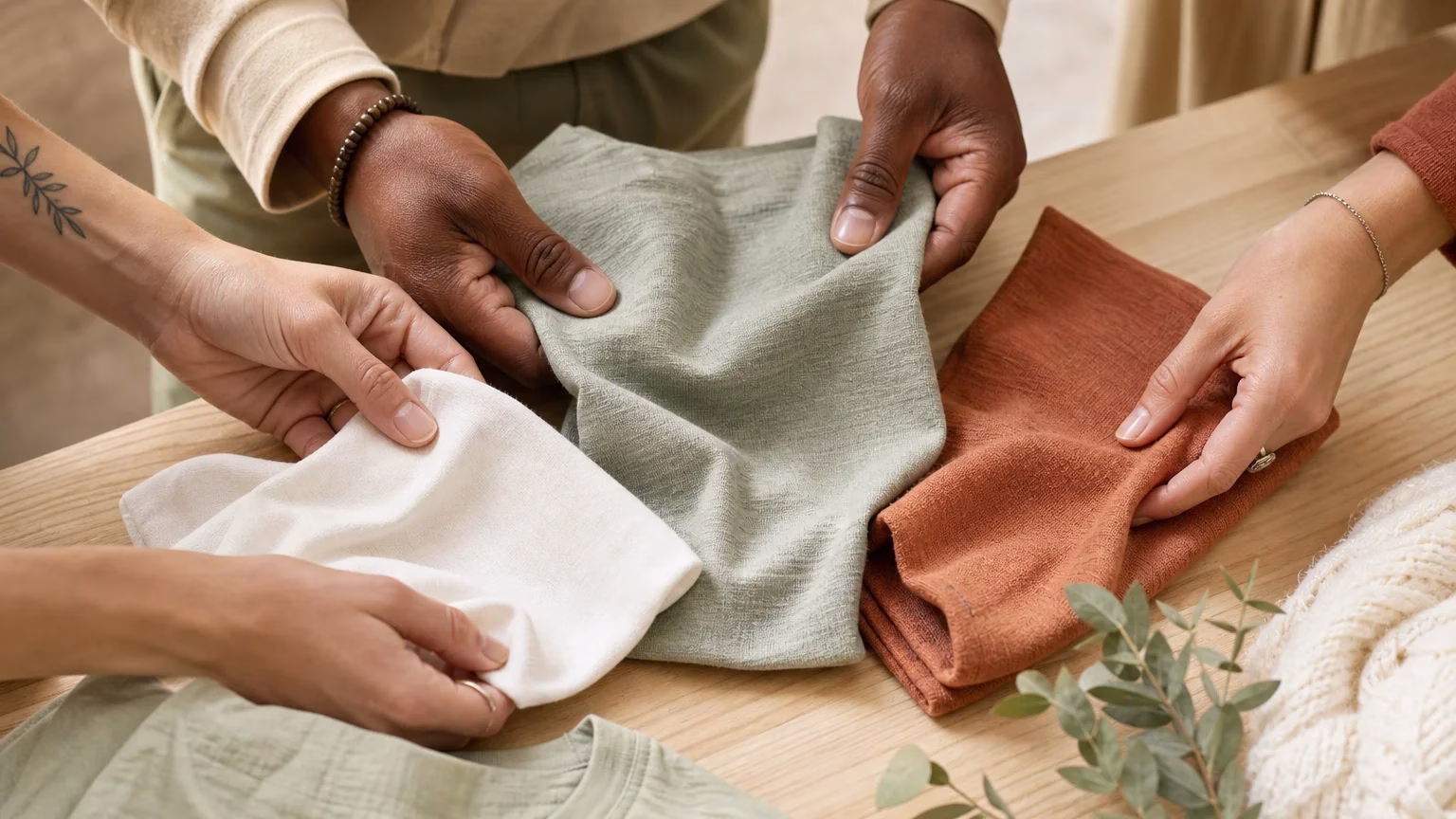 Mains comparant plusieurs matières textiles responsables pour un t-shirt personnalisé