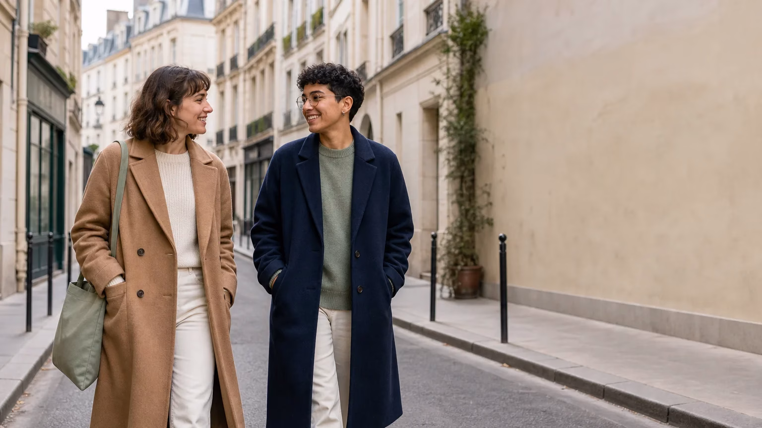 Deux silhouettes diverses portant des manteaux dans une rue française