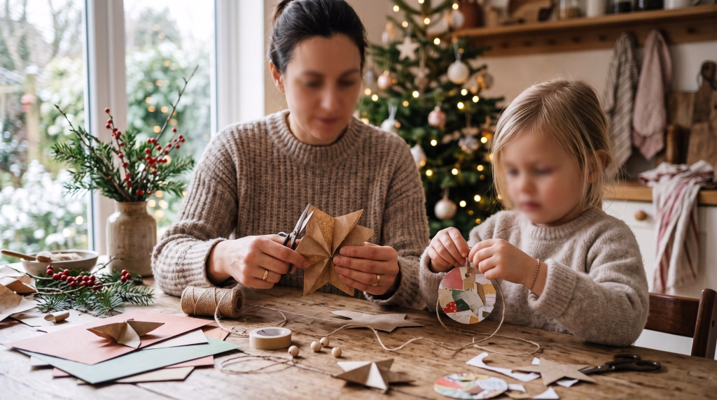 Mains d’un adulte et d’un enfant préparant des décorations de Noël à table