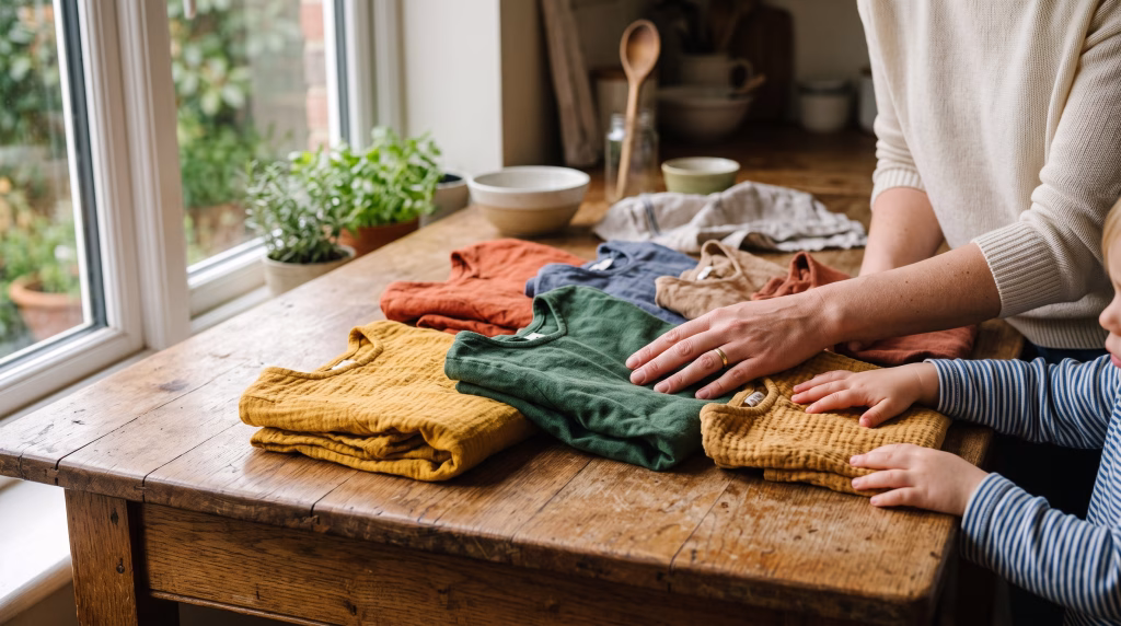 Mains d’un adulte et d’un enfant choisissant des vêtements unis sur une table