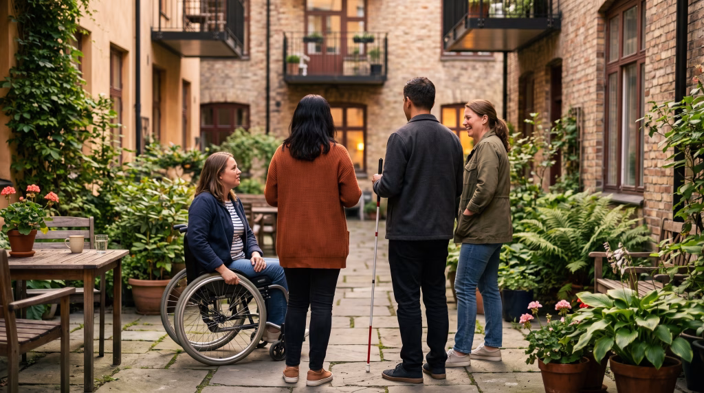 Personnes réunies dans une cour urbaine, dont une personne en fauteuil roulant.