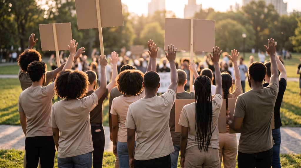 Mains levées dans un rassemblement solidaire au coucher du soleil, foule floue en arrière-plan.