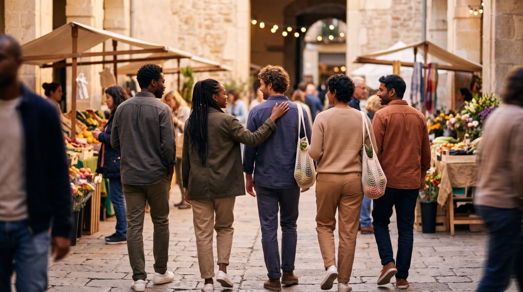 Groupe de personnes de dos échangeant dans une cour de marché en ville.
