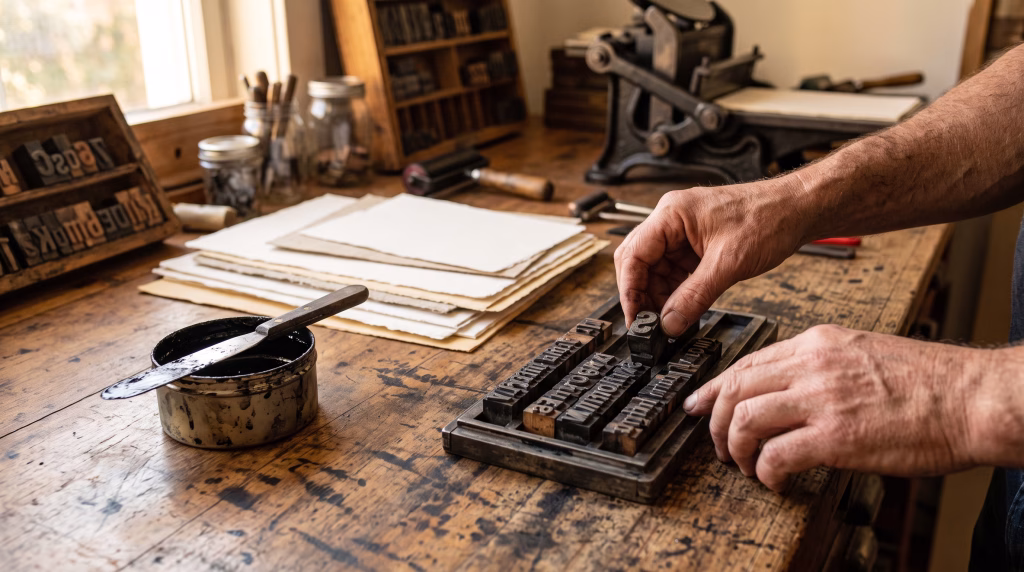 Papier, encre et caractères d’imprimerie disposés sur une table d’atelier.