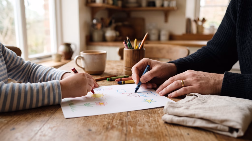 Main d’adulte et main d’enfant dessinant à une table de cuisine.