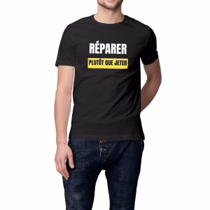 T-shirt écologie noir Réparer plutôt que jeter